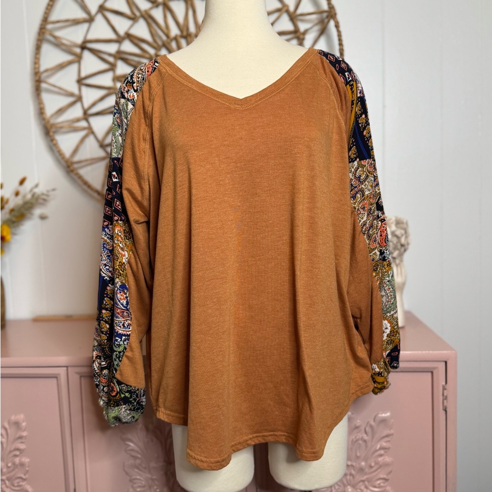 Women’s 2XL Bohemian Patchwork Sleeve Top -‎ Brown never worn